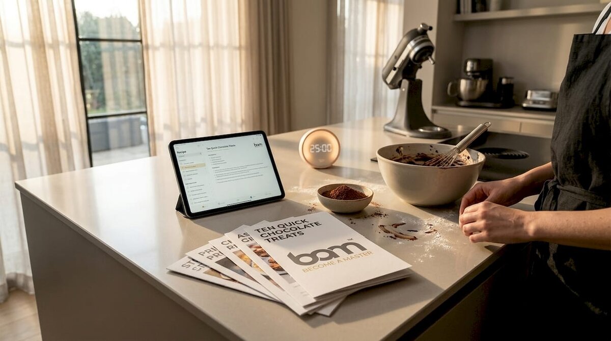 Recipe cards and kitchen tools for chocolate treats