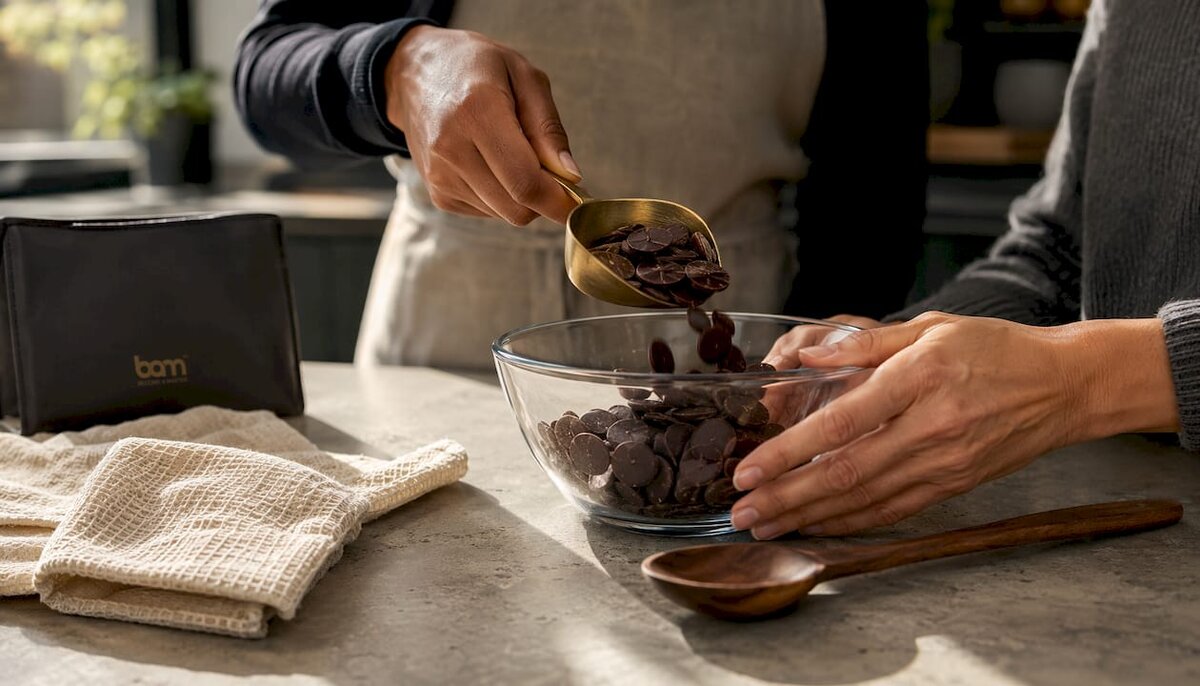 Hands measuring couverture chocolate in bowl