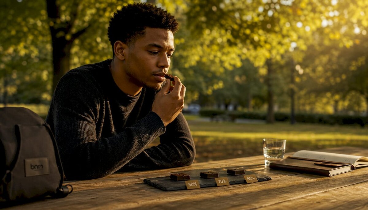 Man tasting chocolate squares by cocoa content