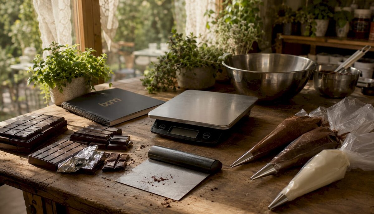 Premium chocolate and ganache baking tools setup
