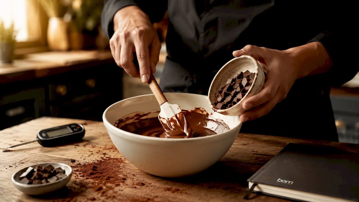 Hands seeding melted chocolate in bowl