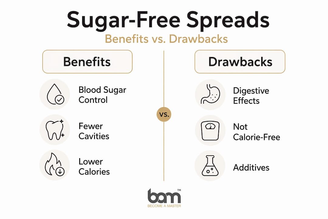 Infographic comparing sugar-free spread benefits and drawbacks