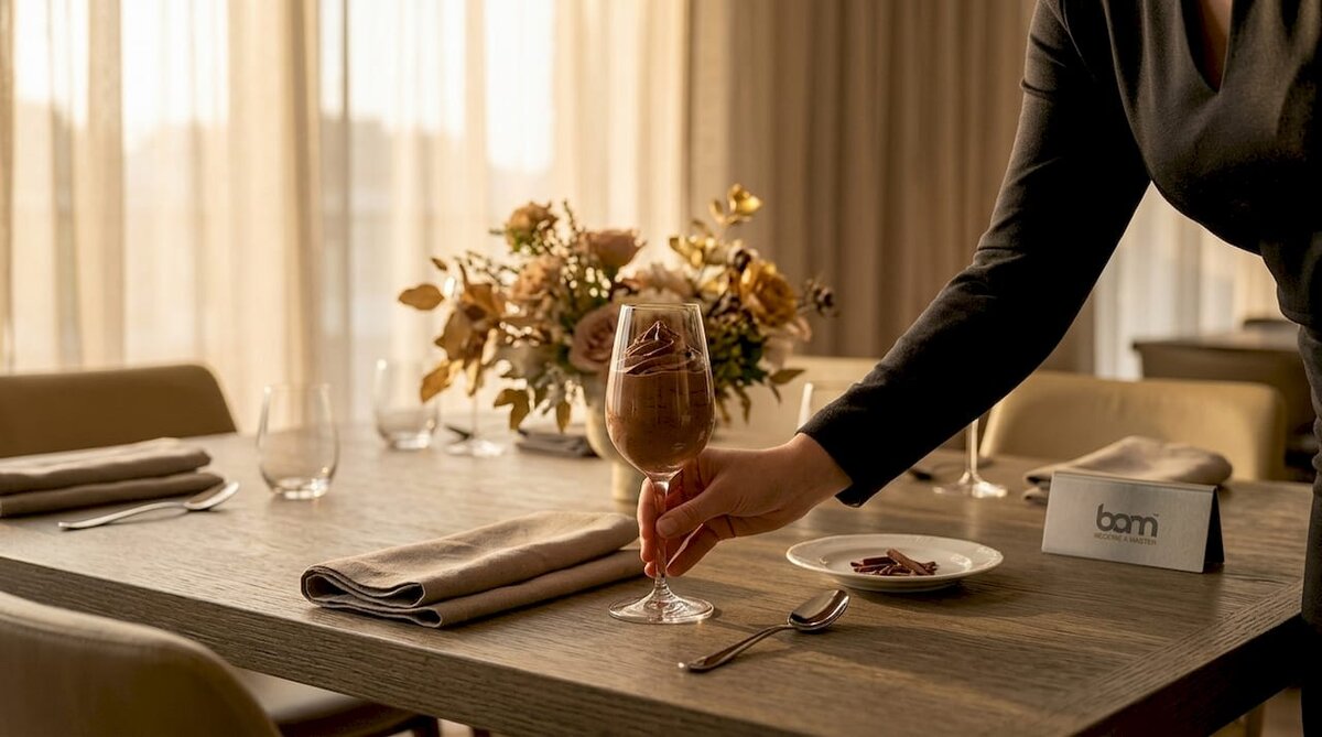Serving chocolate mousse with simple table setting