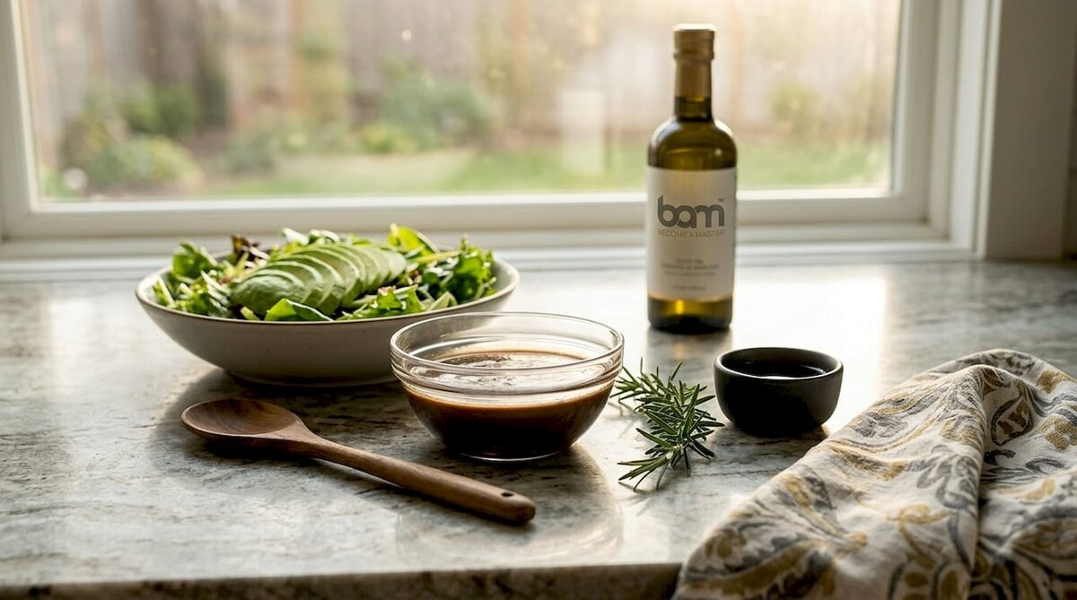 Glass bowl of savory chocolate salad dressing with fresh salad