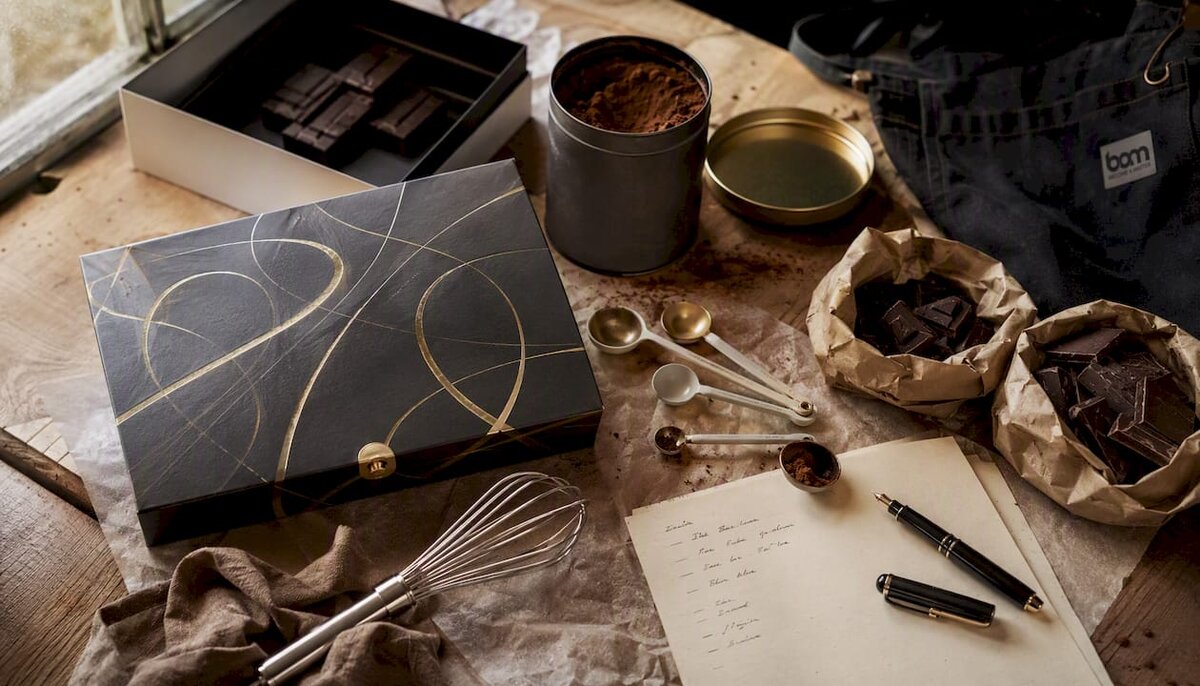 Flat lay of specialist baking ingredients and packaging