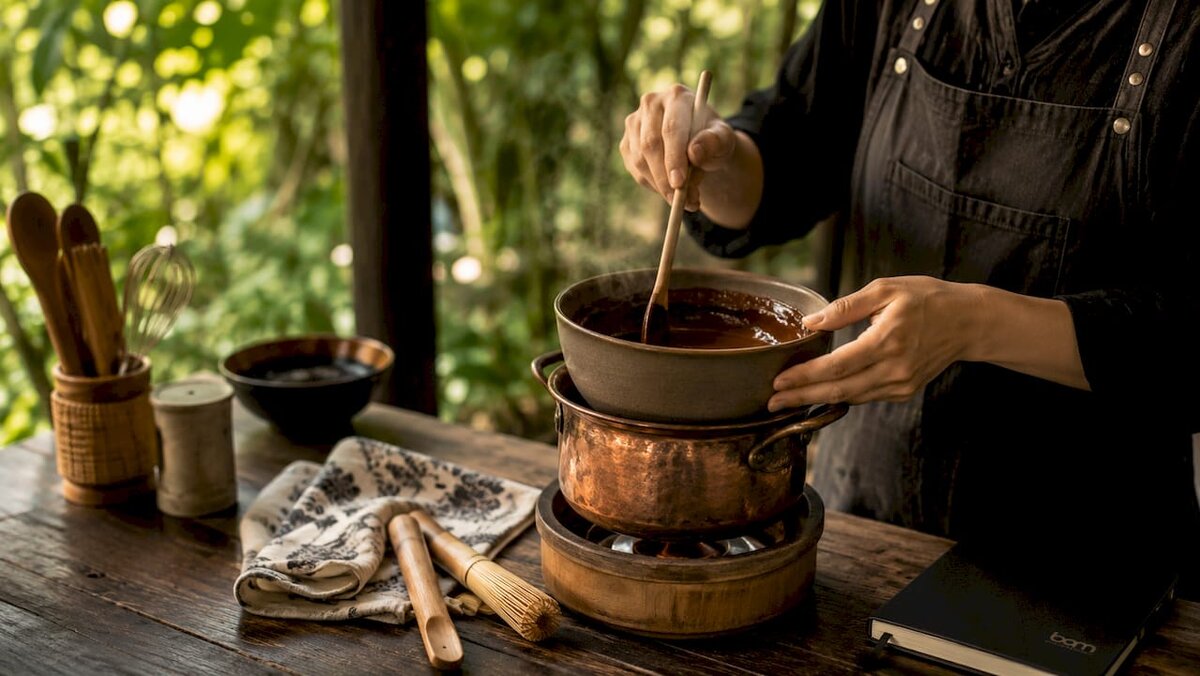 Hands melting chocolate over double boiler
