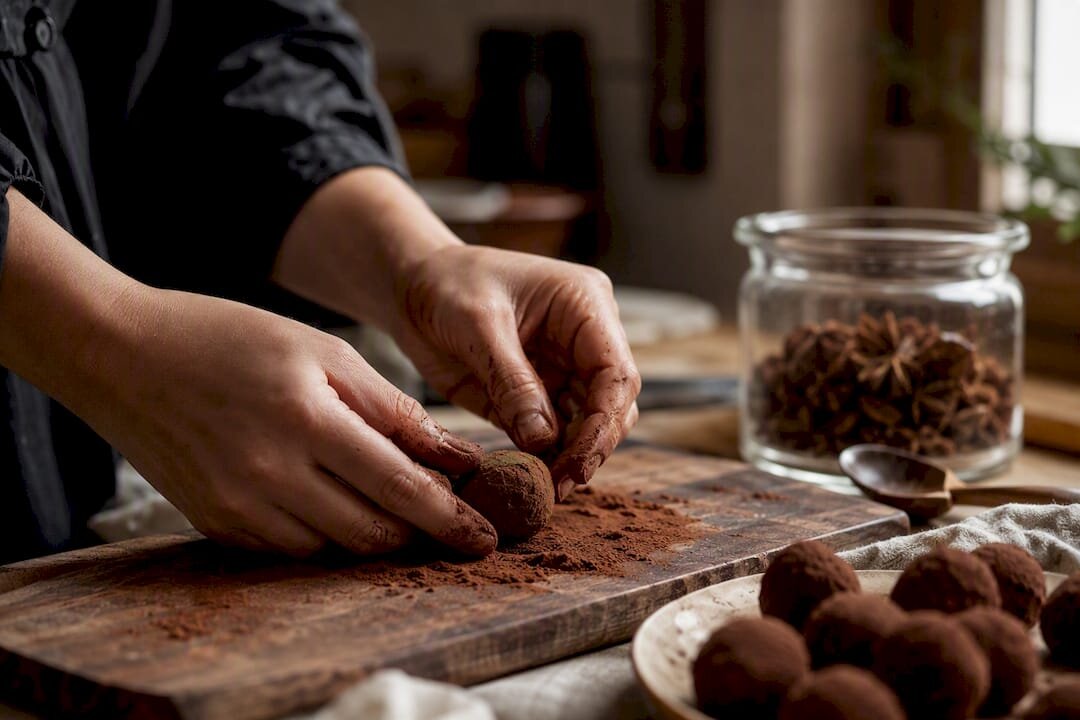 Hands rolling truffle in cocoa powder