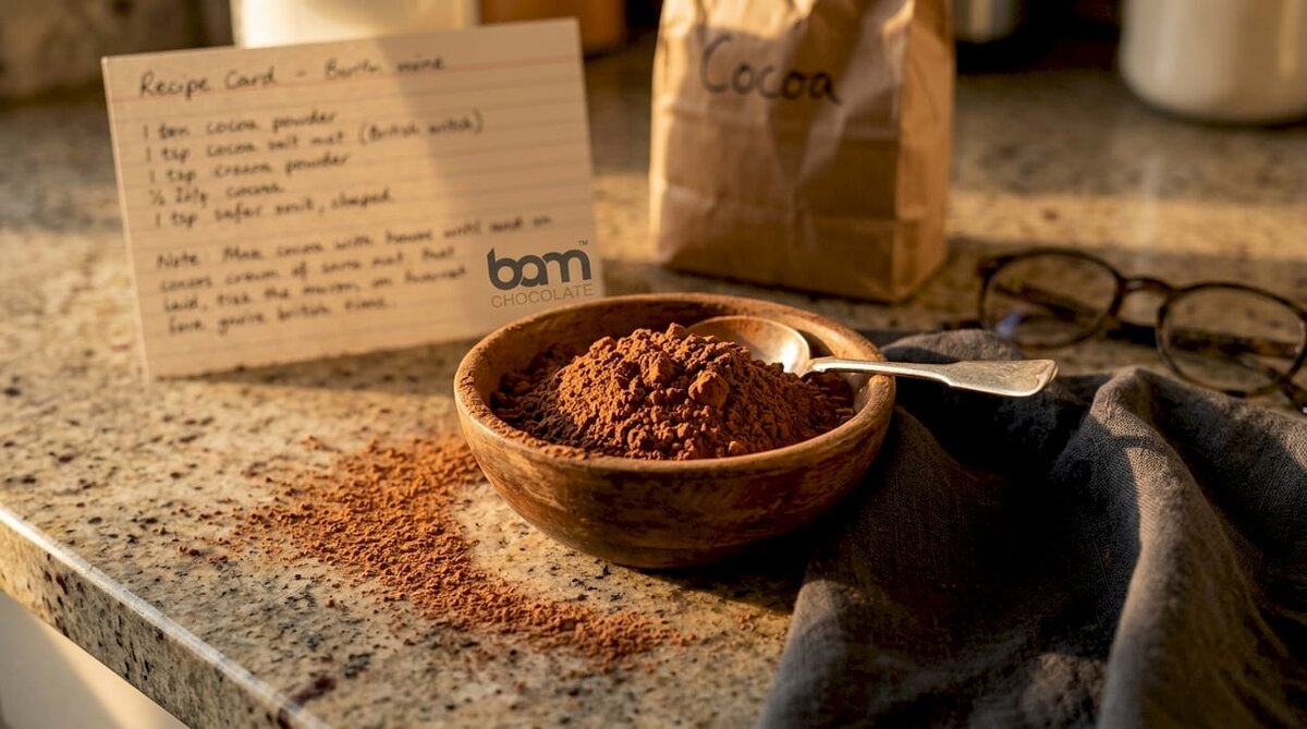 Natural cocoa powder in ceramic bowl close up