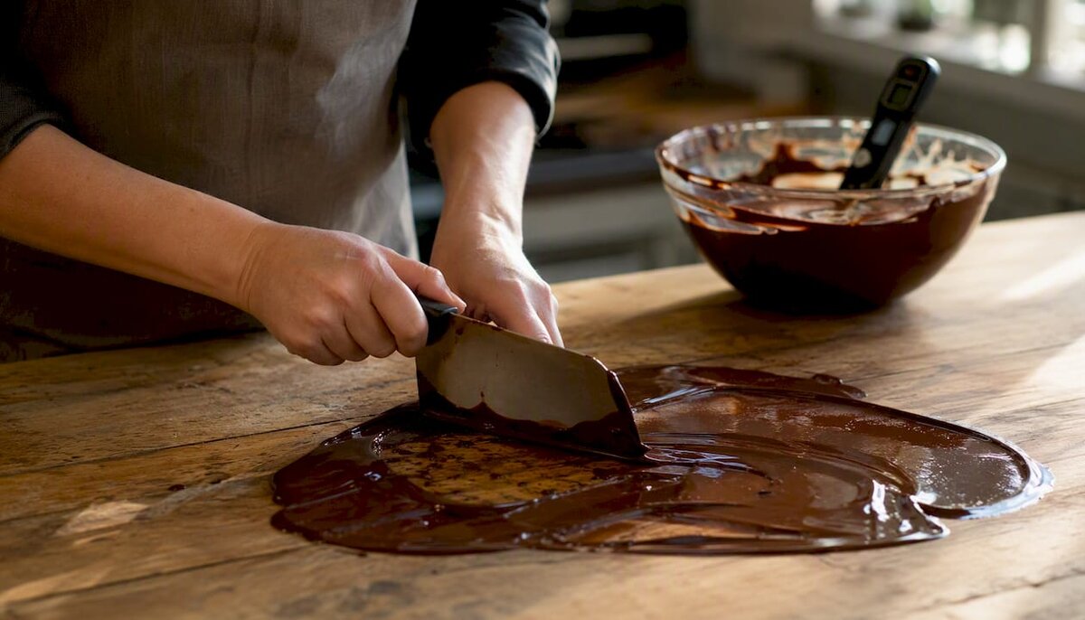 Hands tempering chocolate on marble slab