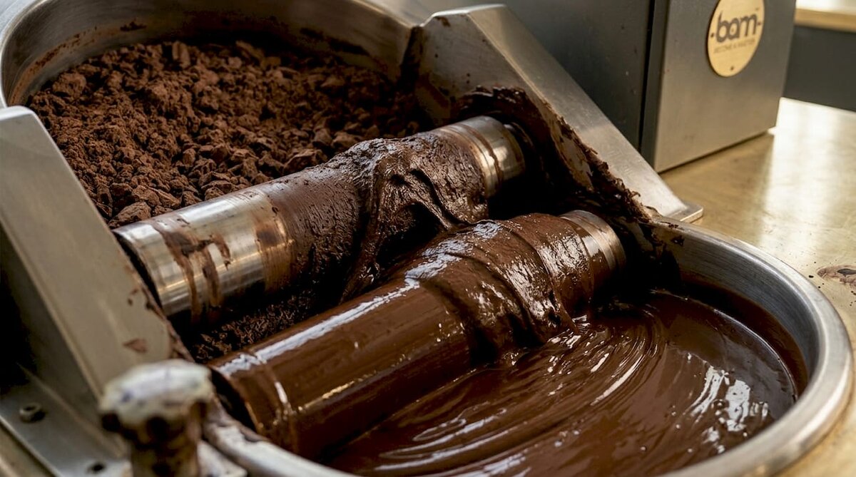 Close-up of chocolate in conching machine phases