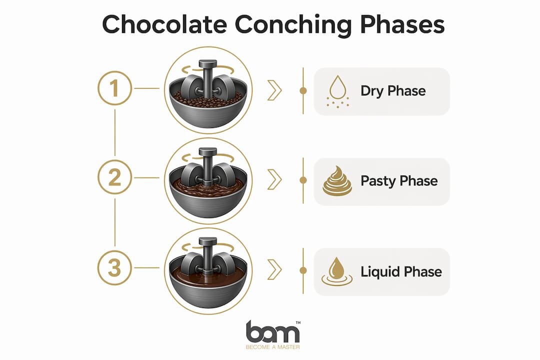 Infographic illustrating three chocolate conching phases