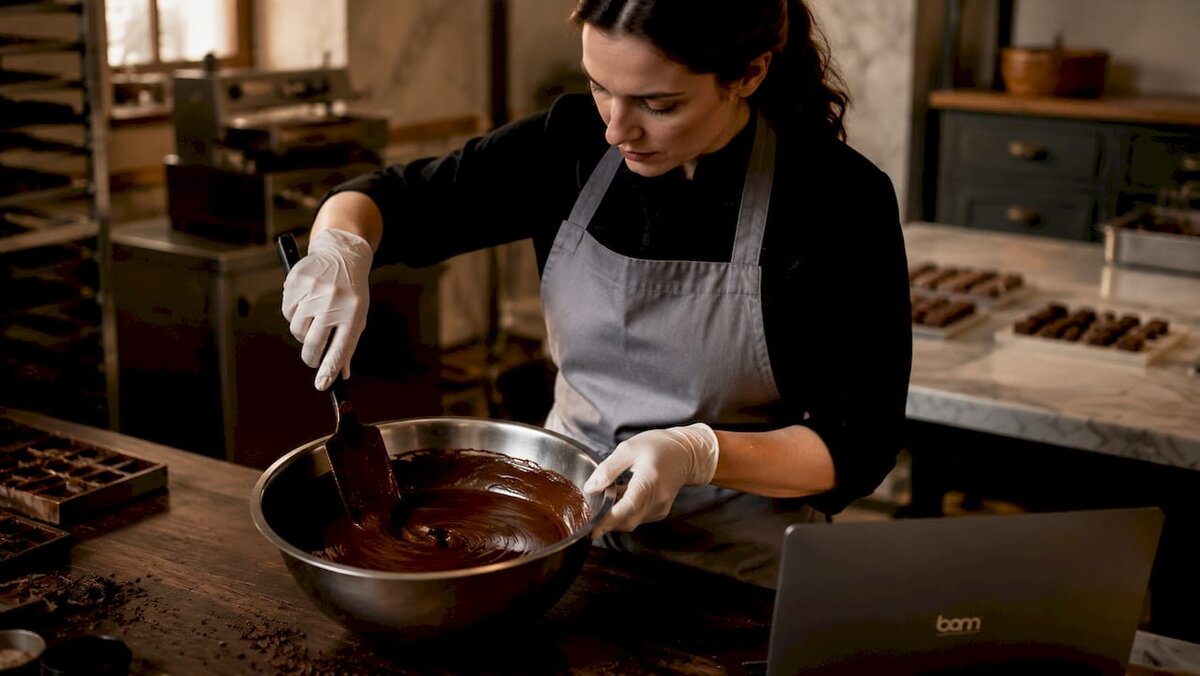 Close-up of hands stirring melted chocolate